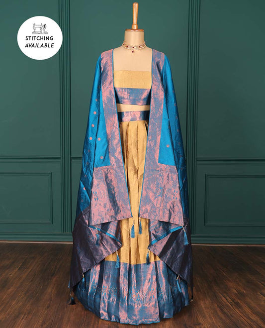 Gold jacquard art-silk half-saree,contrast zari design blouse,traditional design & stonework border & intricate dupatta