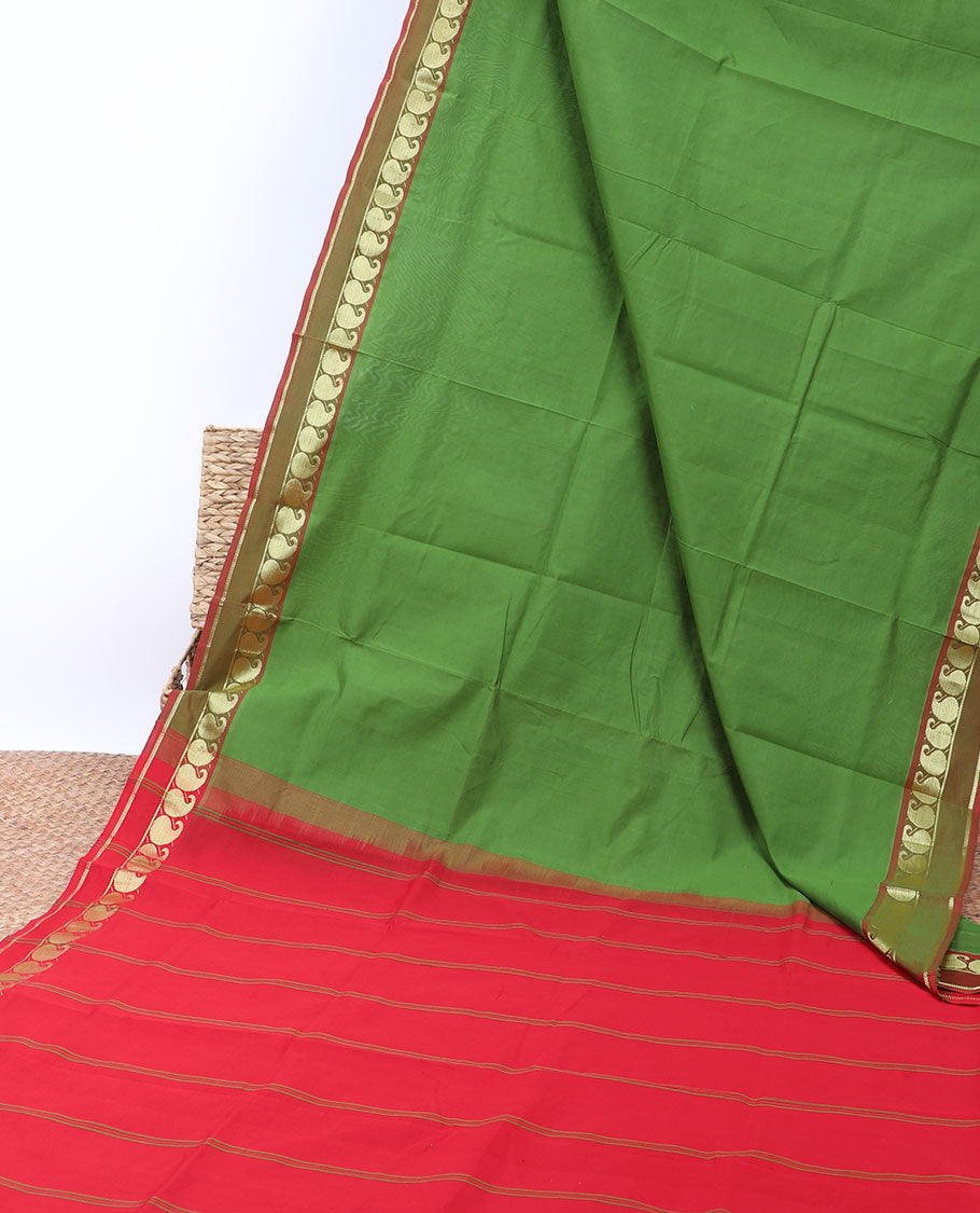 Green plain design cotton saree, contrast paisley design border & pallu of stripes
