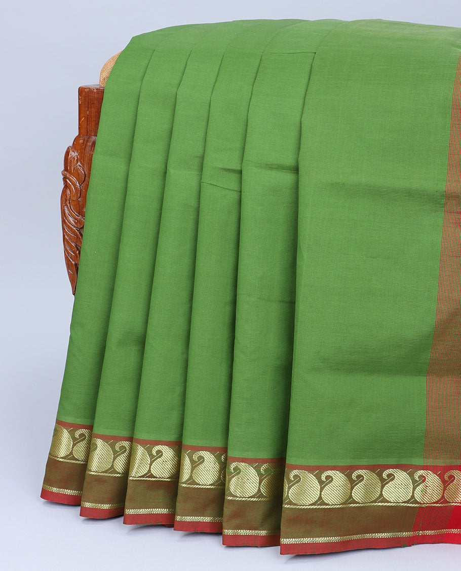 Green plain design cotton saree, contrast paisley design border & pallu of stripes