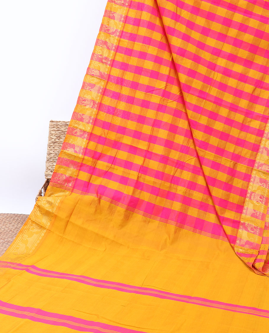 Multi-color checked cotton saree, elephant motifs zari border & pallu of zari stripes