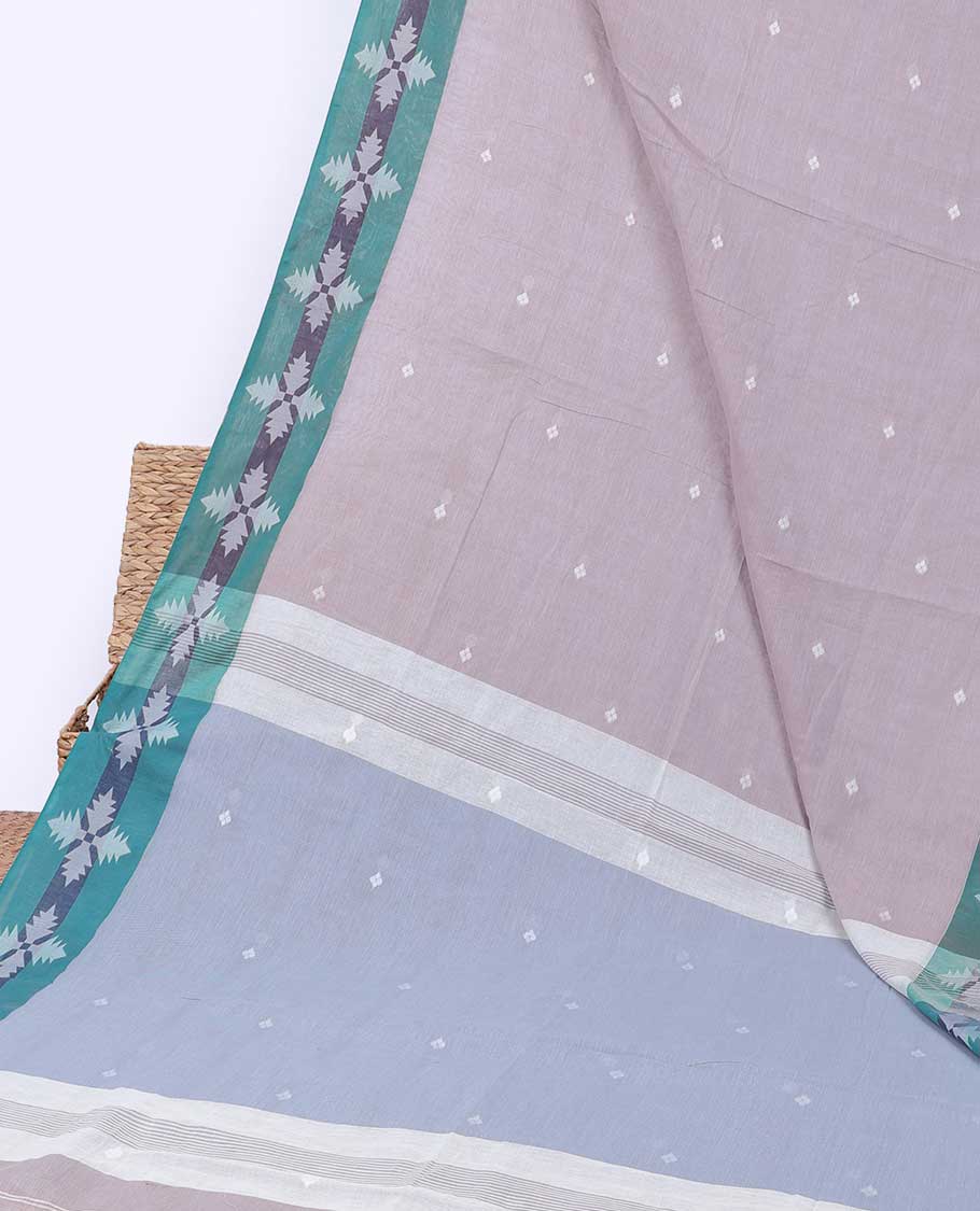 Grey khadi cotton saree with all-over diamond buttas, contrast flower-petal border & pallu of stripes