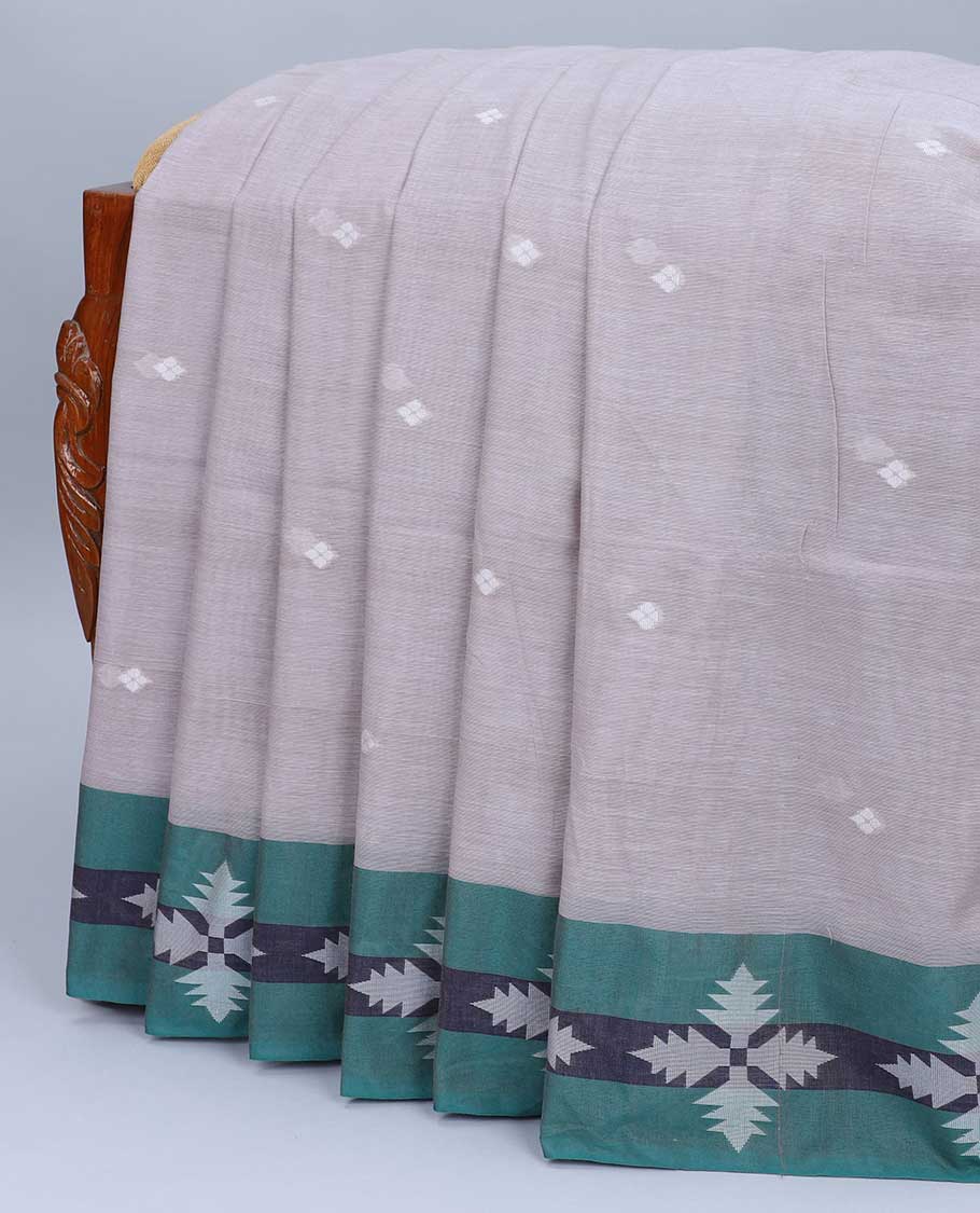 Grey khadi cotton saree with all-over diamond buttas, contrast flower-petal border & pallu of stripes