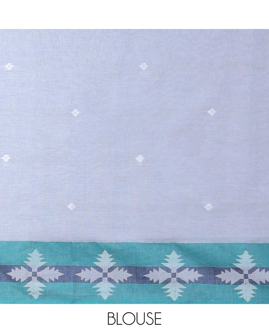 Grey khadi cotton saree with all-over diamond buttas, contrast flower-petal border & pallu of stripes