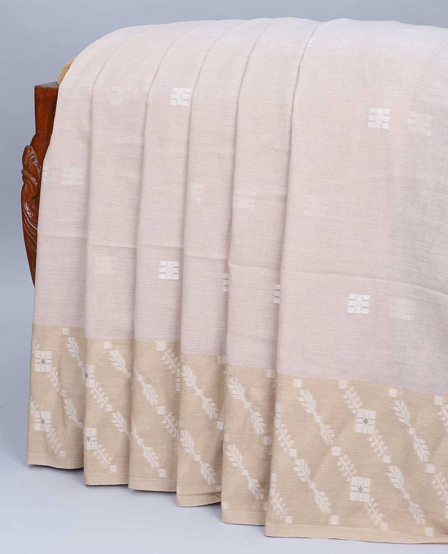 Sandal khadi cotton saree with all-over buttas, intricate design border & contrast pallu of stripes & buttas