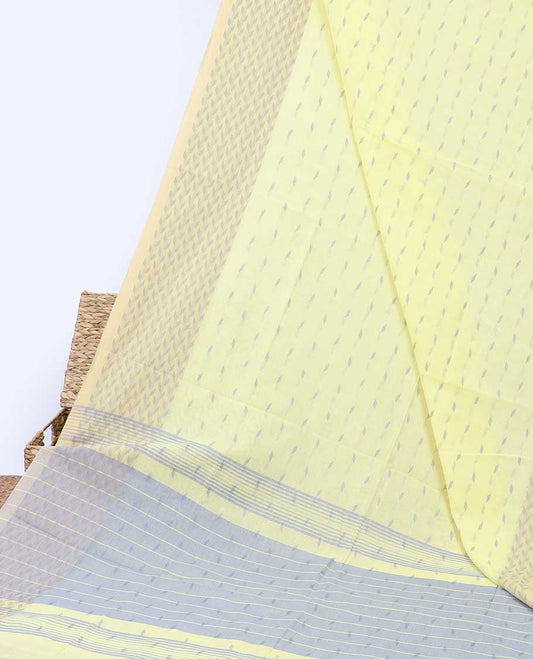 Yellow khadi cotton saree with all-over buttas, geometric patterned border & pallu of stripes & buttas