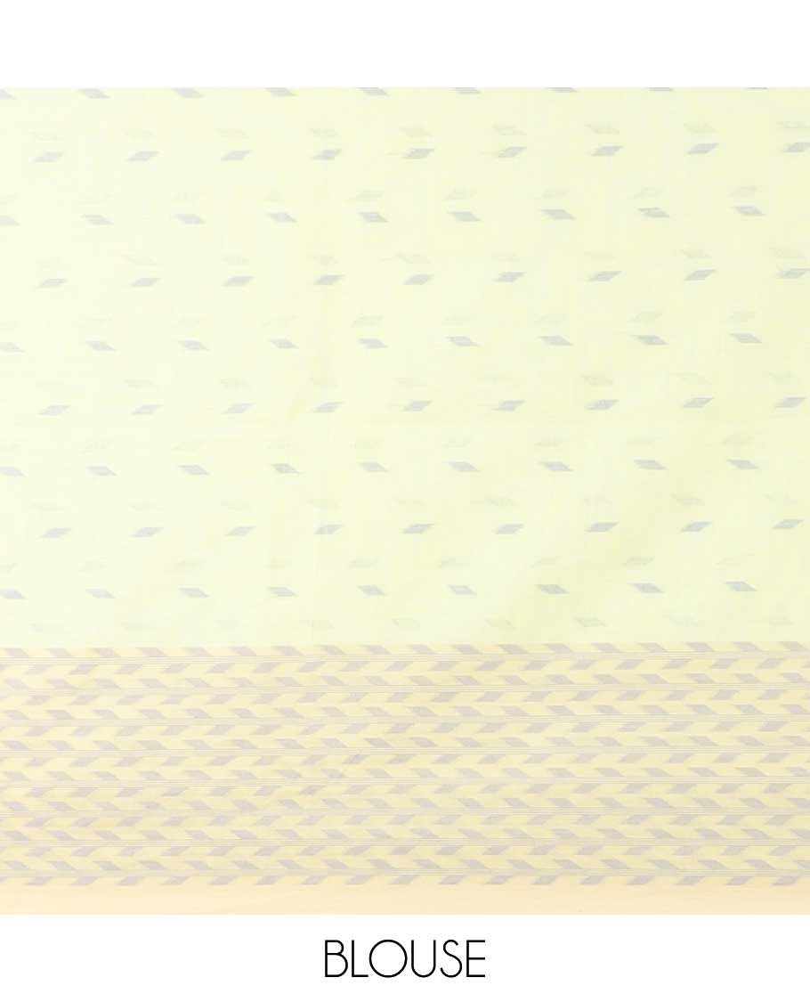 Yellow khadi cotton saree with all-over buttas, geometric patterned border & pallu of stripes & buttas