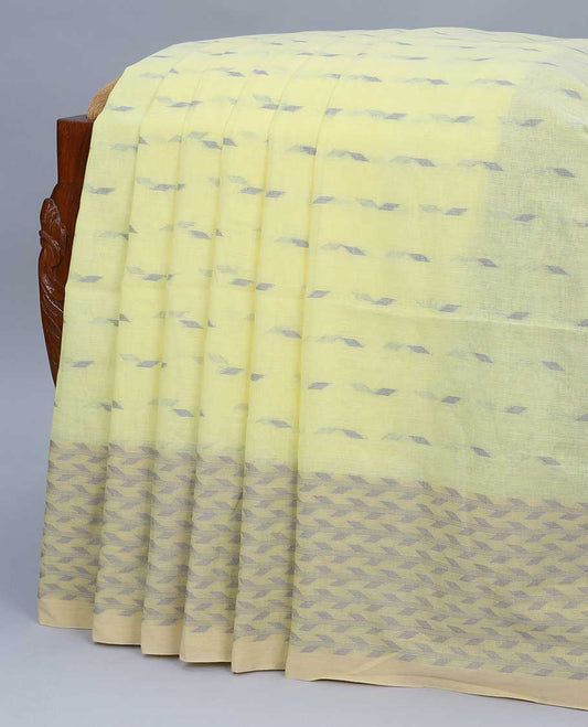 Yellow khadi cotton saree with all-over buttas, geometric patterned border & pallu of stripes & buttas
