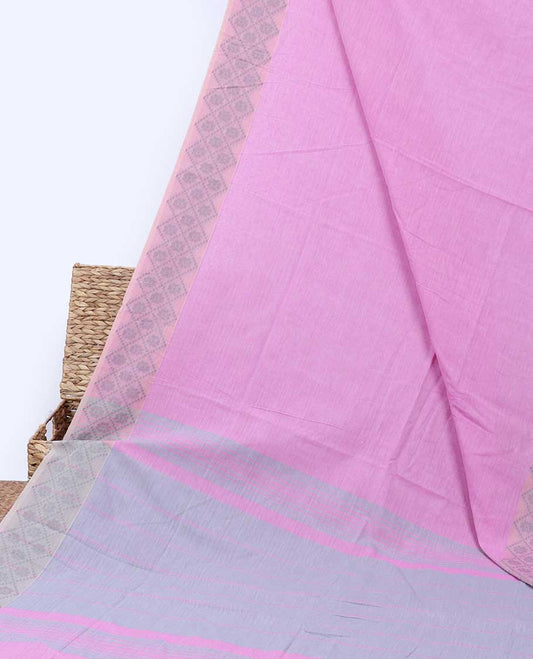 Pink plain khadi cotton saree, contrast butta enclosed diamond patterned border & pallu of stripes