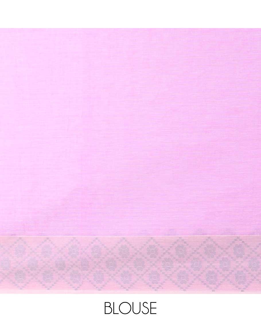 Pink plain khadi cotton saree, contrast butta enclosed diamond patterned border & pallu of stripes