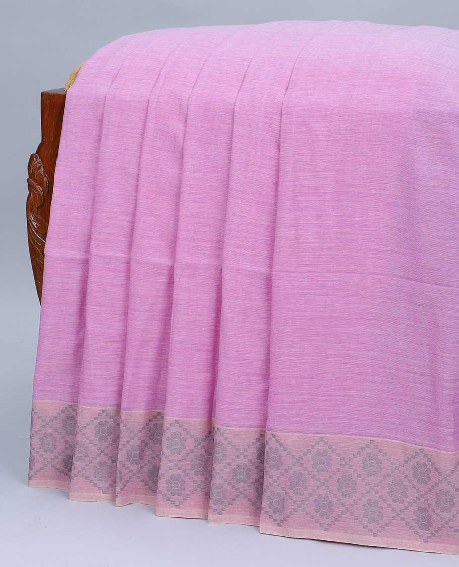 Pink plain khadi cotton saree, contrast butta enclosed diamond patterned border & pallu of stripes