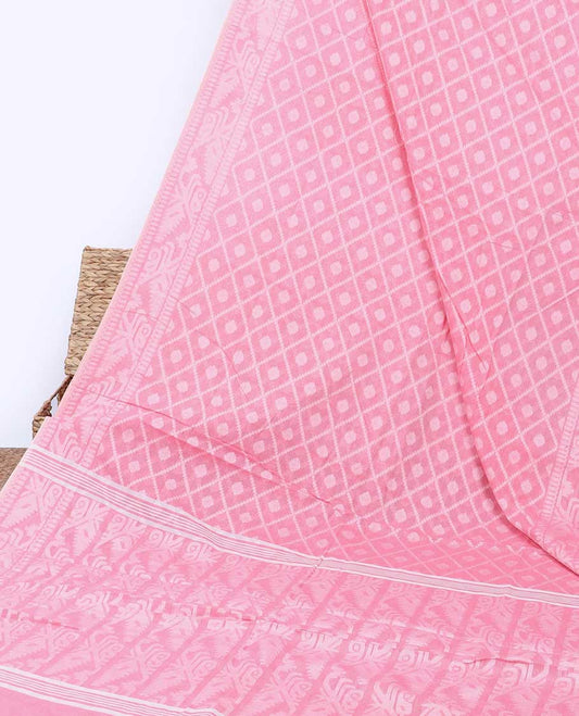 Pink butta enclosed diamond patterned khadi cotton saree, self-border & pallu of intricate designs