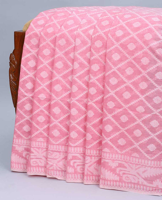 Pink butta enclosed diamond patterned khadi cotton saree, self-border & pallu of intricate designs