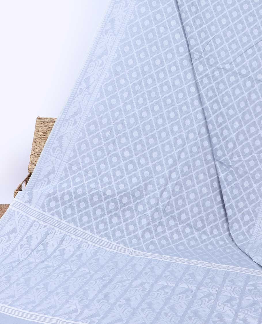 Grey butta enclosed diamond patterned khadi cotton saree, self-border & pallu of intricate designs