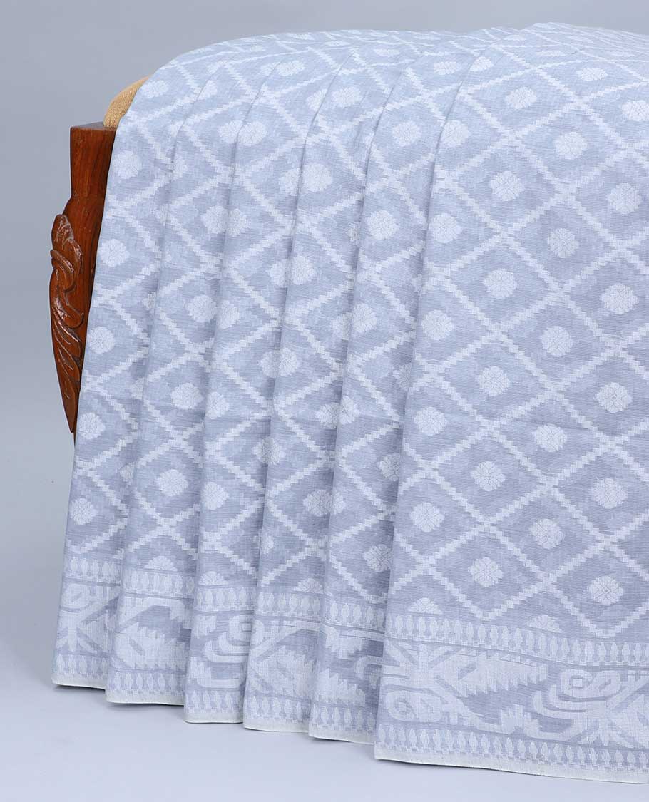 Grey butta enclosed diamond patterned khadi cotton saree, self-border & pallu of intricate designs