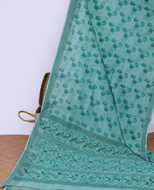 Turquoise circle motifs printed cotton saree, self-border & pallu of geometric print