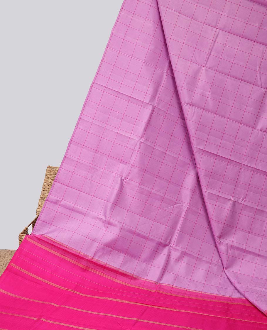 Borderless pink checked design kancheepuram silk saree, contrast pallu of zari stripes