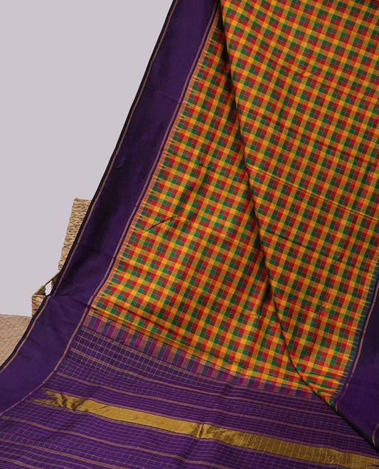 Multi-color micro-checked kancheepuram silksaree, contrast rettai pettu temple border & checked pallu of thalampoo rekku