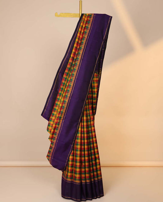 Multi-color micro-checked kancheepuram silksaree, contrast rettai pettu temple border & checked pallu of thalampoo rekku