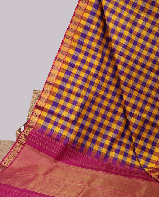Multi-color checked kancheepuram silksaree, zari border of mayil,muthu,kathir & poun & contrast zari design pallu