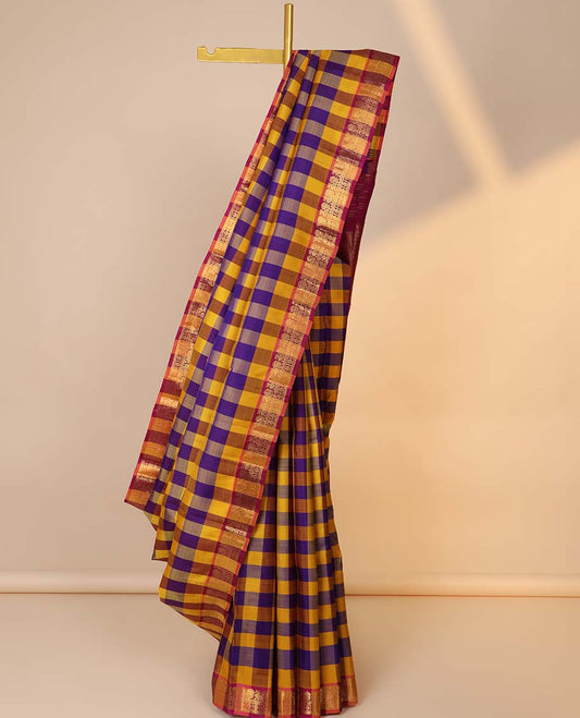 Multi-color checked kancheepuram silksaree, zari border of mayil,muthu,kathir & poun & contrast zari design pallu