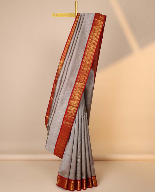Grey kancheepuram silksaree, contrast jaal pallu & korvai border of ara bogudi,muthu,kathir,mayil & banaras