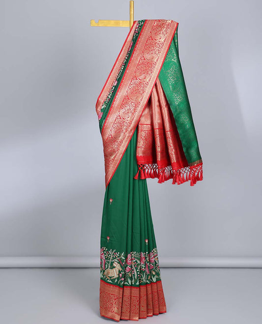 Green floral, deer & bird embroidered semi-banaras dola saree, contrast traditional zari border & intricate pallu
