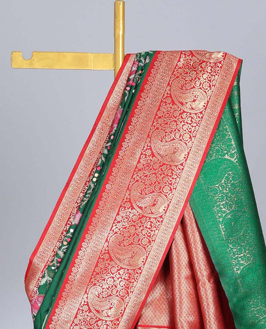 Green floral, deer & bird embroidered semi-banaras dola saree, contrast traditional zari border & intricate pallu