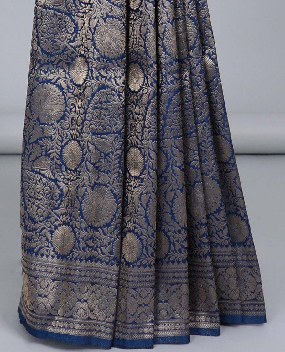 Blue zari floral jacquard banaras saree, traditional zari border & ogee patterned pallu