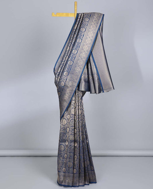 Blue zari floral jacquard banaras saree, traditional zari border & ogee patterned pallu