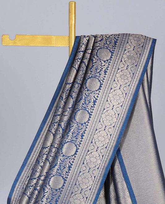 Blue zari floral jacquard banaras saree, traditional zari border & ogee patterned pallu