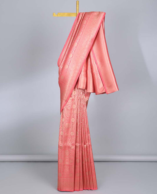 Pink zari floral jacquard banaras saree, traditional zari border & ogee patterned pallu