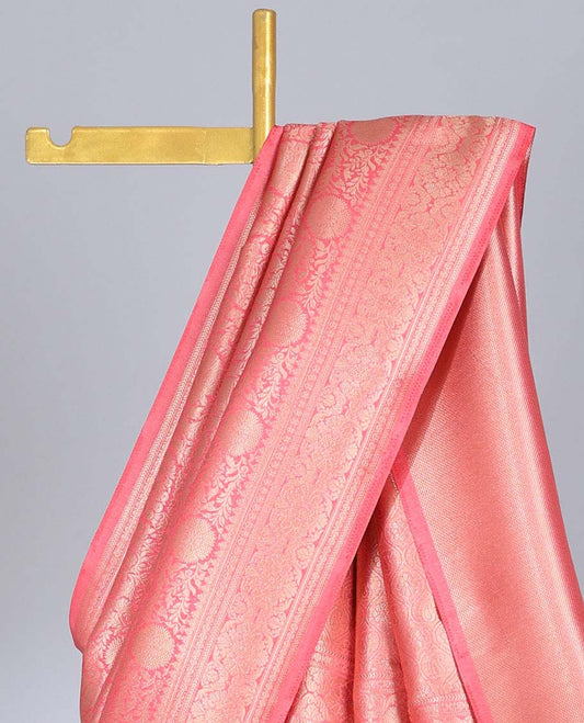 Pink zari floral jacquard banaras saree, traditional zari border & ogee patterned pallu
