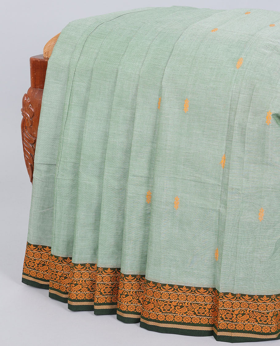 Green chettinad cotton saree with buttas, contrast traditional design border & pallu of stripes