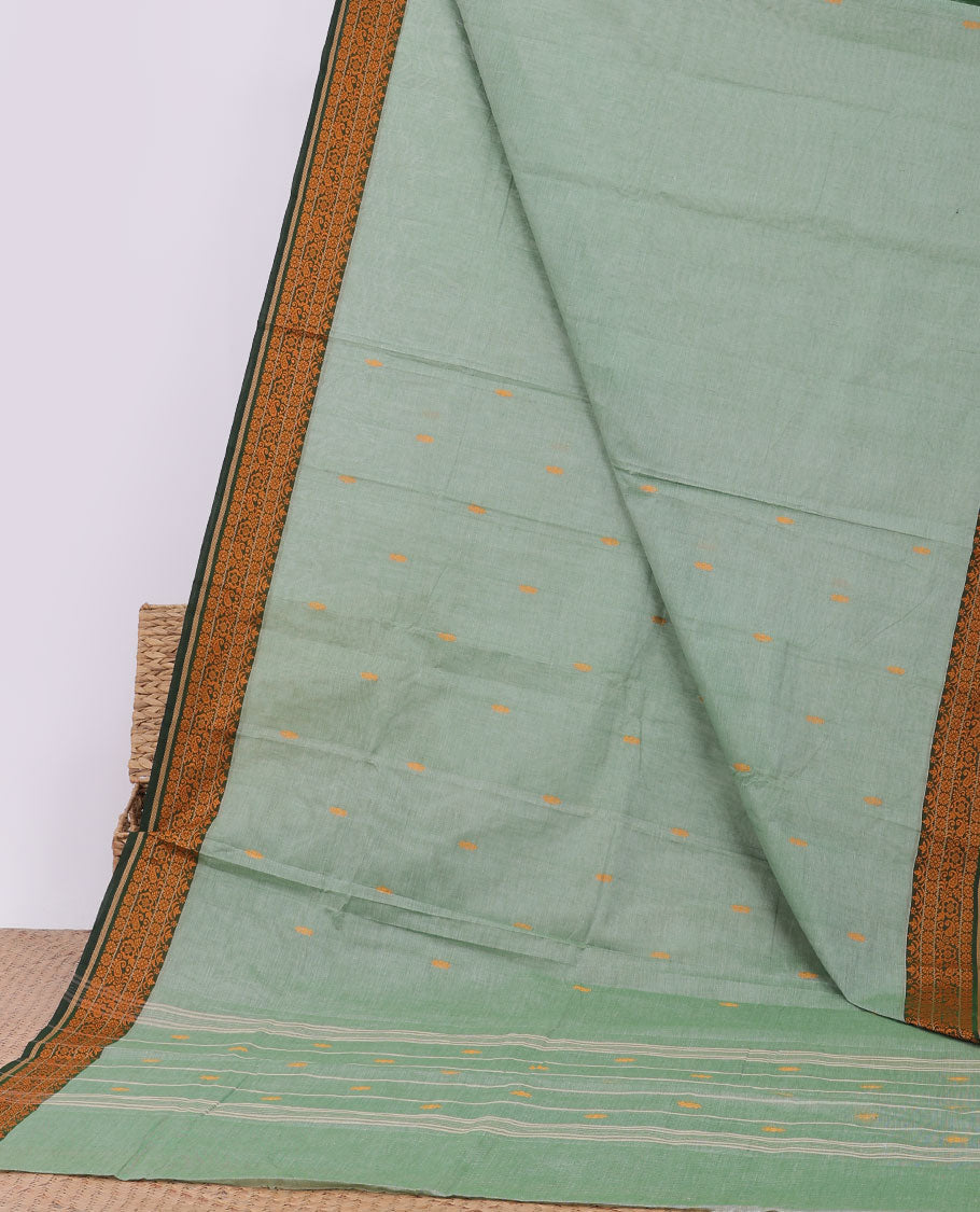 Green chettinad cotton saree with buttas, contrast traditional design border & pallu of stripes