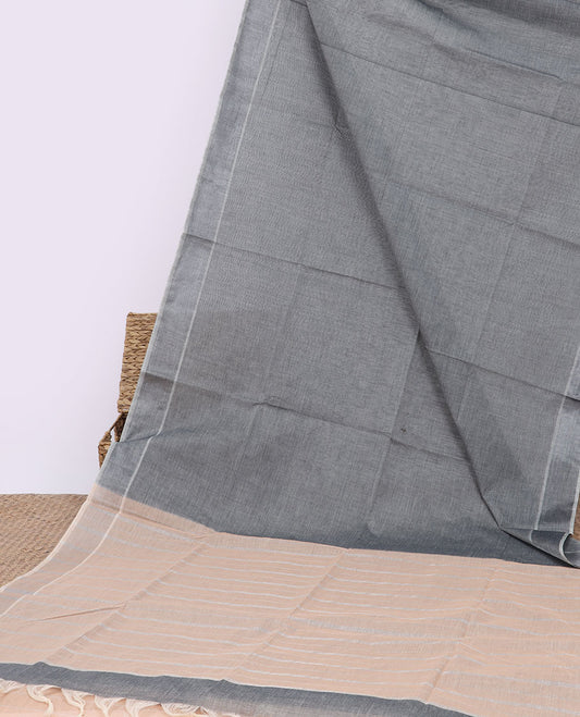 Grey plain design budget cotton saree, plain border & contrast striped pallu