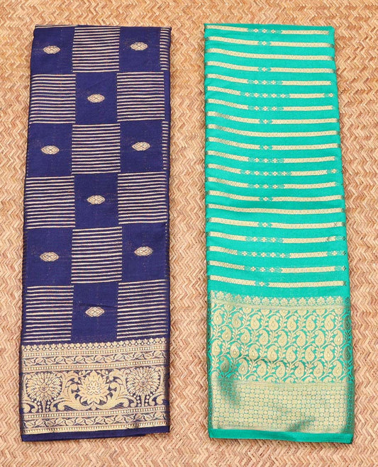 Pack of 2 combo crepe silk sarees, blue & turquoise zari design sarees, traditional zari borders & intricate pallu