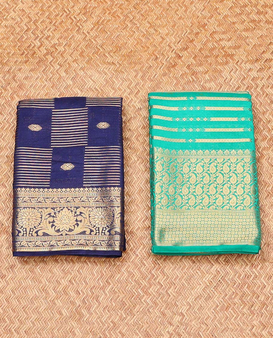 Pack of 2 combo crepe silk sarees, blue & turquoise zari design sarees, traditional zari borders & intricate pallu