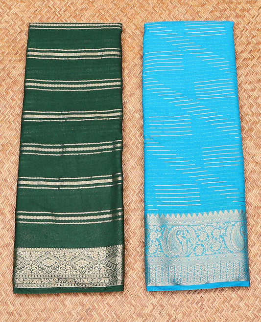 Pack of 2 combo crepe silk sarees, green & blue striped sarees, traditional zari borders & intricate pallu
