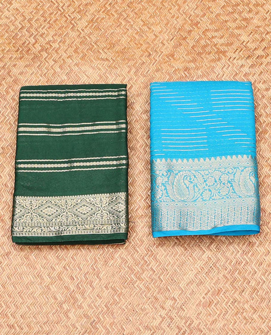 Pack of 2 combo crepe silk sarees, green & blue striped sarees, traditional zari borders & intricate pallu
