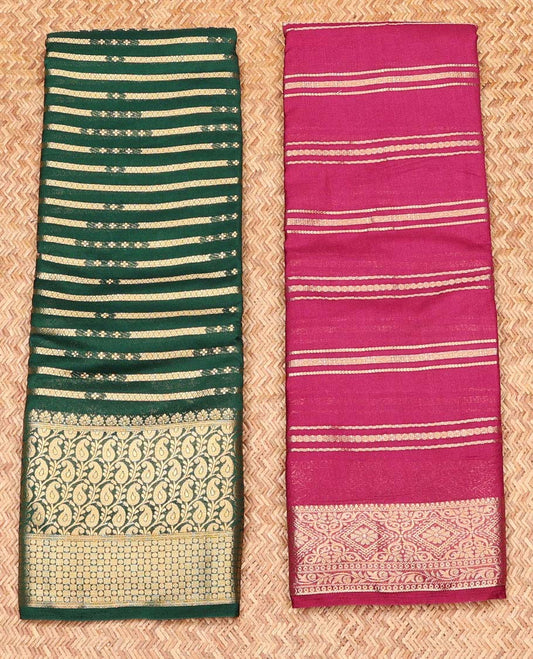Pack of 2 combo crepe silk sarees, green & pink zari designs sarees, traditional zari borders & intricate pallu
