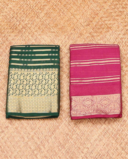 Pack of 2 combo crepe silk sarees, green & pink zari designs sarees, traditional zari borders & intricate pallu