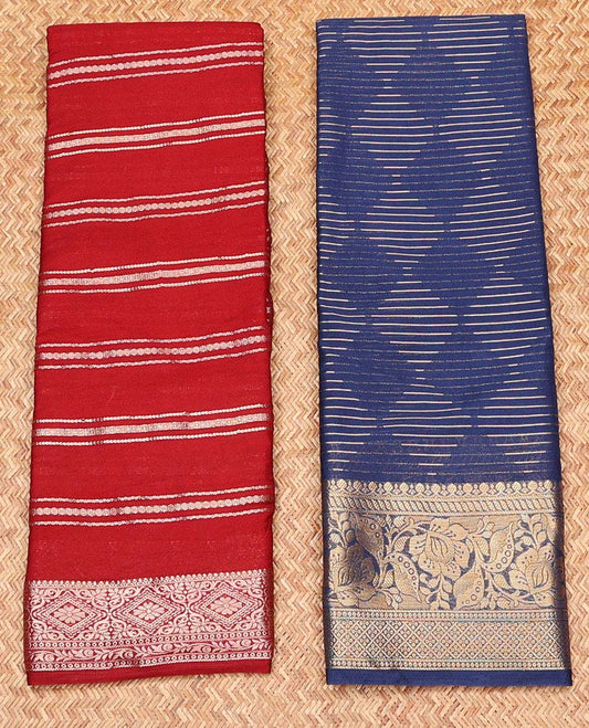 Pack of 2 combo crepe silk sarees, red & blue zari designs sarees, traditional zari borders & intricate pallu