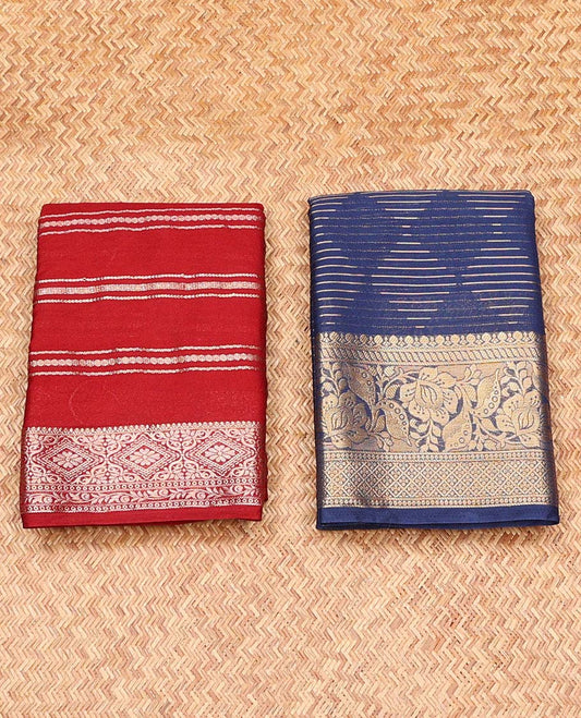 Pack of 2 combo crepe silk sarees, red & blue zari designs sarees, traditional zari borders & intricate pallu