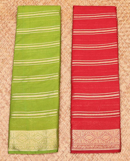 Pack of 2 combo crepe silk sarees, green & red zari designs sarees, traditional zari borders & intricate pallu