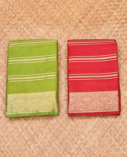 Pack of 2 combo crepe silk sarees, green & red zari designs sarees, traditional zari borders & intricate pallu