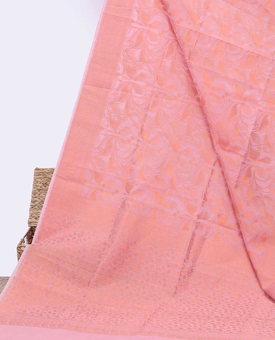 Pink jacquard semi-silk cotton saree, traditional zari border & pallu of leaf vine designs
