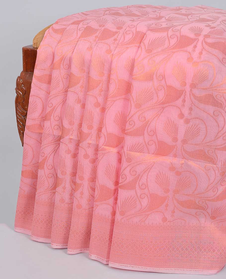 Pink jacquard semi-silk cotton saree, traditional zari border & pallu of leaf vine designs