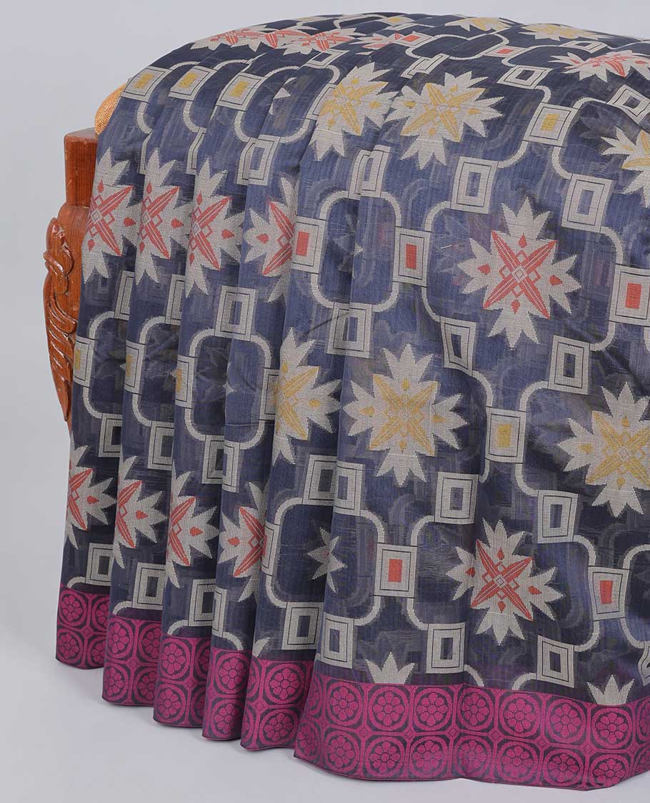 Grey floral butta enclosed ogee patterned semi-silk cotton saree, floral border & pallu of floral designs