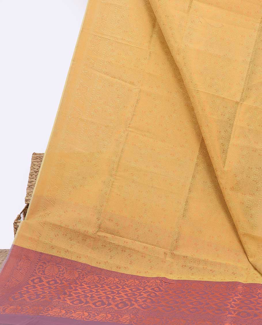 Yellow semi-silk cotton saree with zari buttas, traditional zari border & contrast pallu of intricate designs