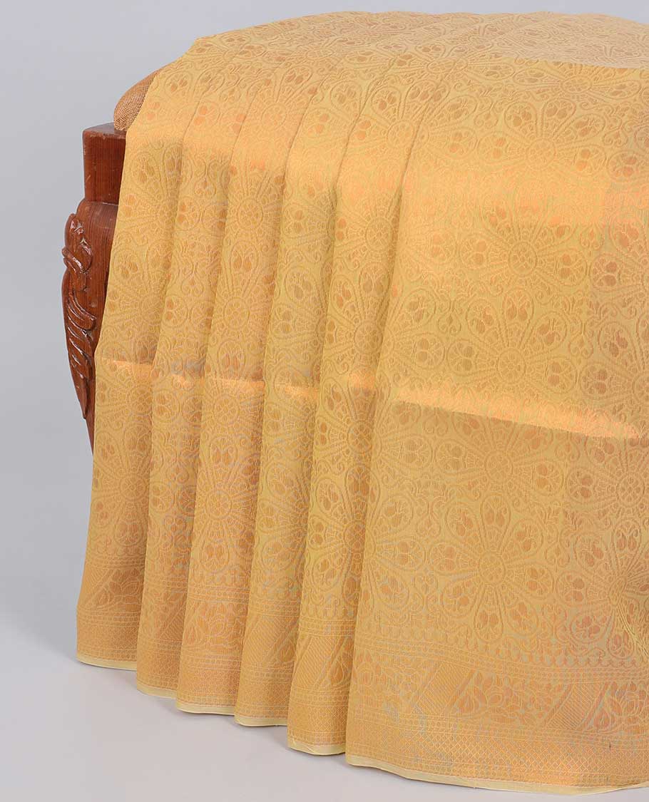 Yellow semi-silk cotton saree with zari buttas, traditional zari border & contrast pallu of intricate designs